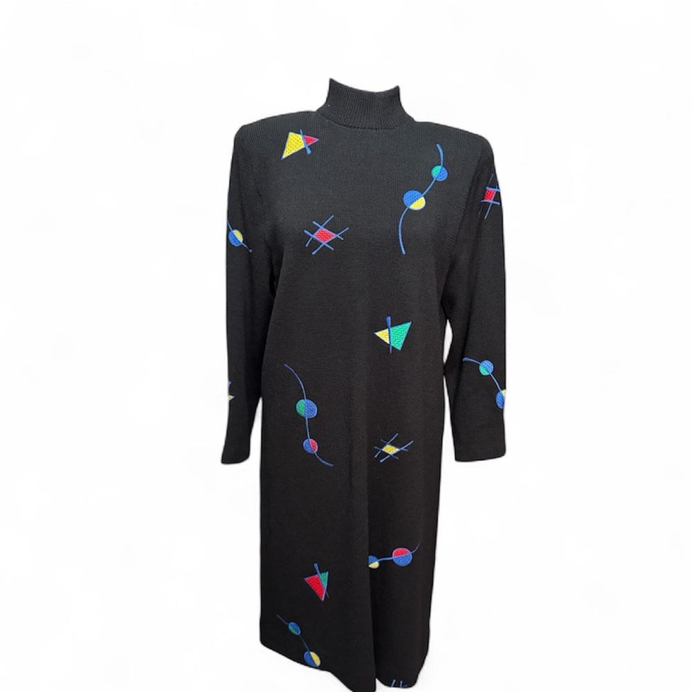 Anne Crimmins for Umi Collection knit Sweater Geometric Patterned Black Dress